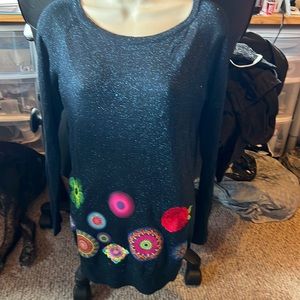 Glittery navy blue sweater with colorful embroidery